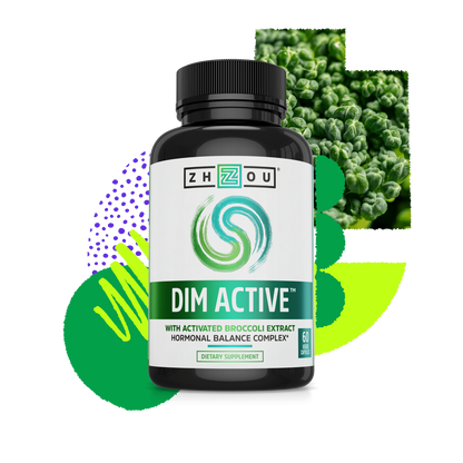 A bottle of Zhou Nutrition DIM Active with broccoli florets and green shapes in the background, promoting hormone balance.