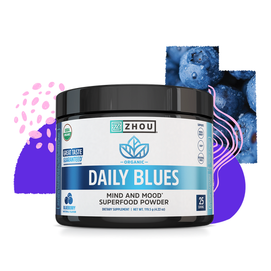 A container of Zhou Nutrition Daily Blues superfood powder with blueberries and abstract shapes in the background.