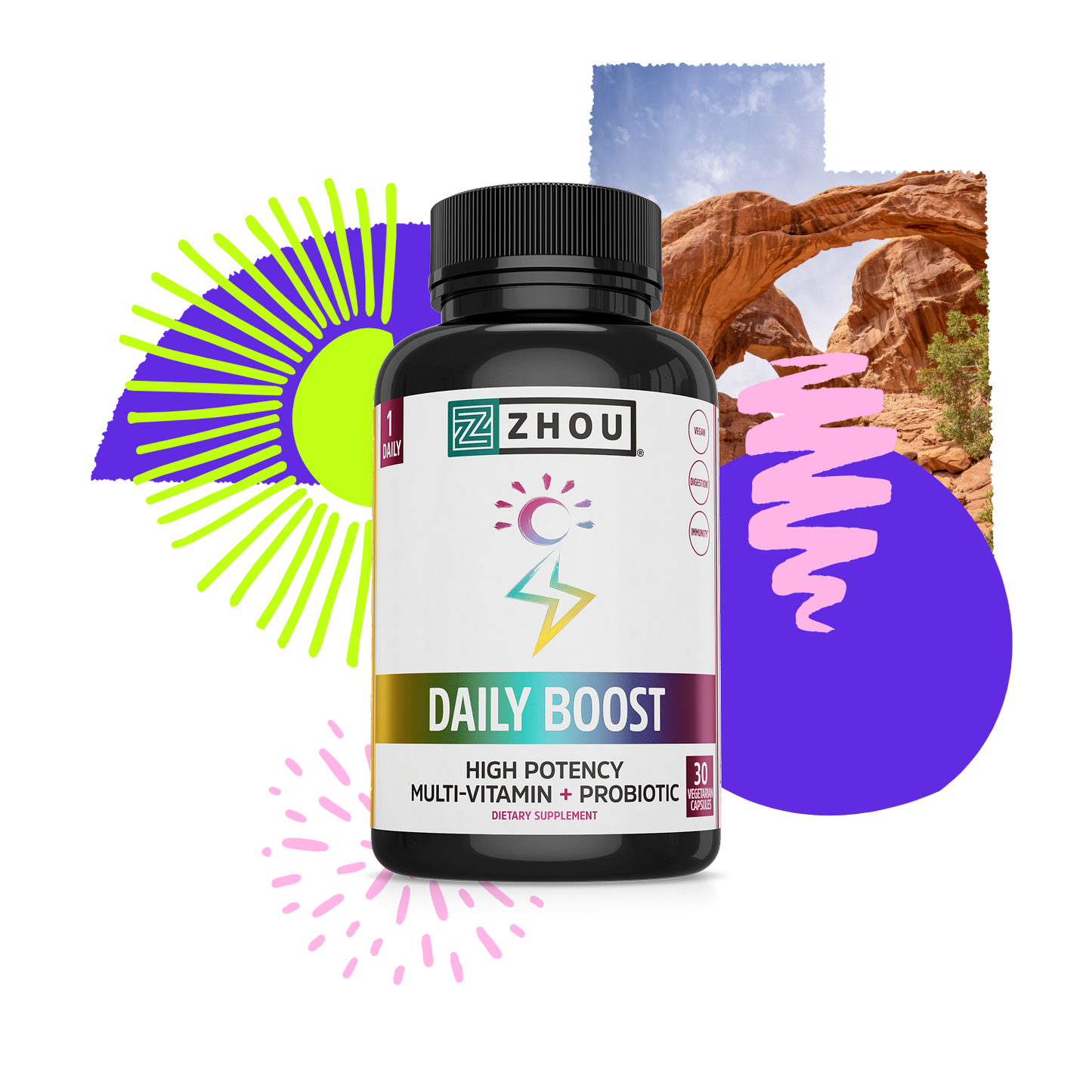 A bottle of Zhou Nutrition Daily Boost is shown with colorful graphics and a rocky arch in the background.