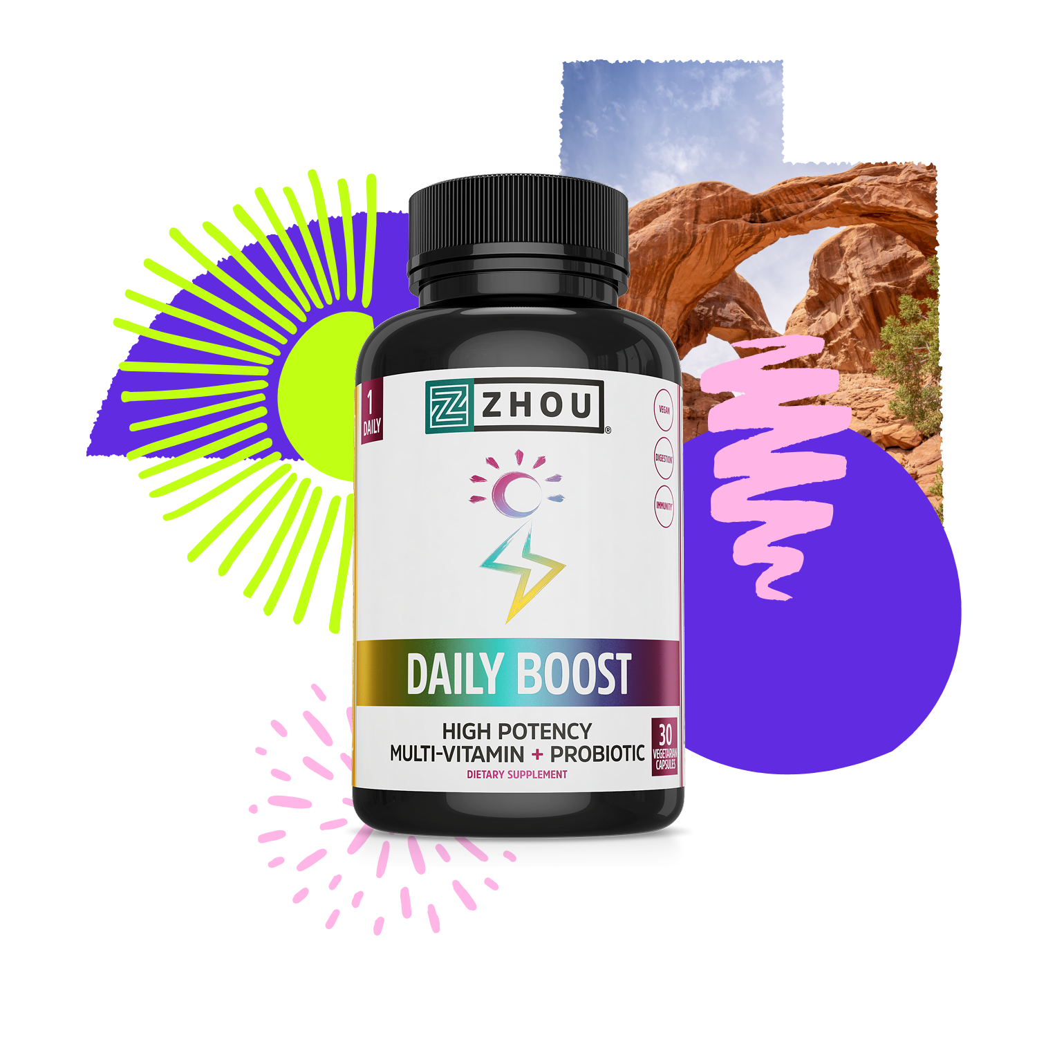 A bottle of Zhou Nutrition Daily Boost is shown with colorful graphics and a rocky arch in the background.
