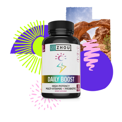 A bottle of Zhou Nutrition Daily Boost is shown with colorful graphics and a rocky arch in the background.