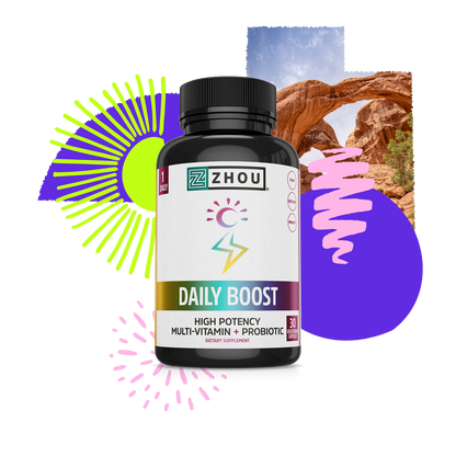 A bottle of Zhou Nutrition Daily Boost multivitamins, with abstract shapes and a rock arch in the background.