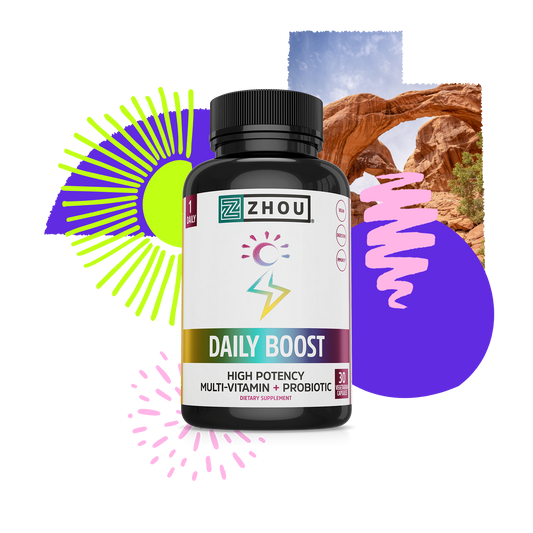 A bottle of Zhou Nutrition Daily Boost multivitamins, with abstract shapes and a rock arch in the background.