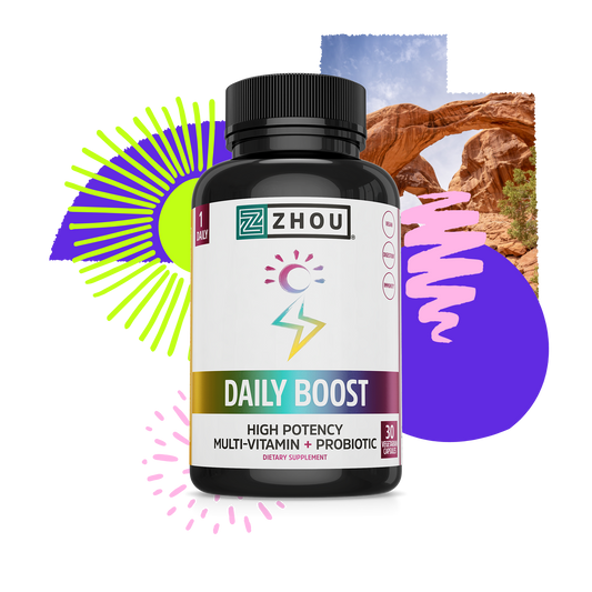 A bottle of Zhou Nutrition Daily Boost multivitamin with colorful abstract shapes and a scenic arch in the background.