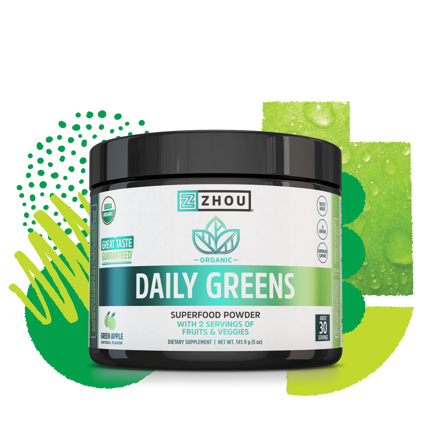 A container of Zhou Nutrition Daily Greens, green apple flavor, with a green graphic background.