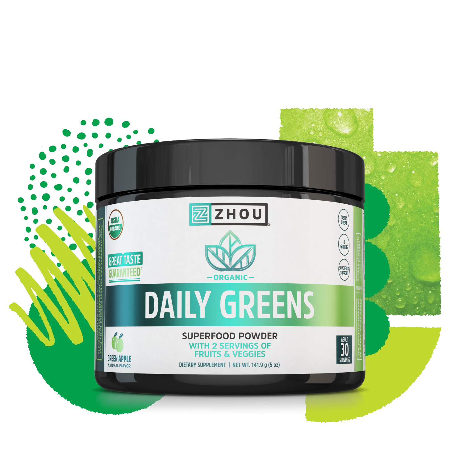 A container of Zhou Nutrition Daily Greens, green apple flavor, with a green graphic background.