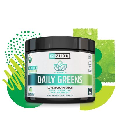 A container of Zhou Nutrition Daily Greens, green apple flavor, with a green graphic background.