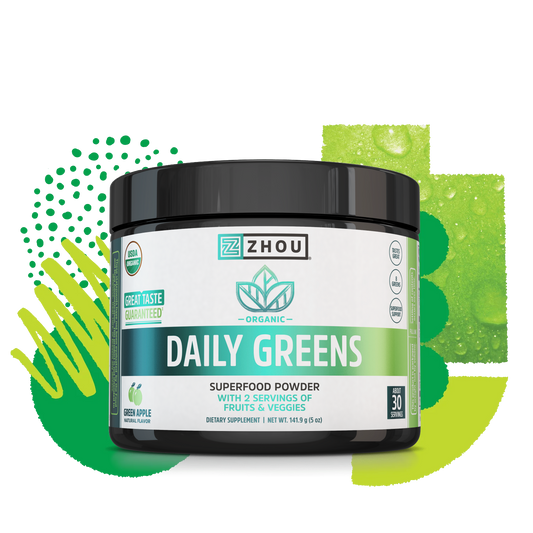A container of Zhou Nutrition Daily Greens, green apple flavor, with green abstract superfood-inspired shapes behind it.