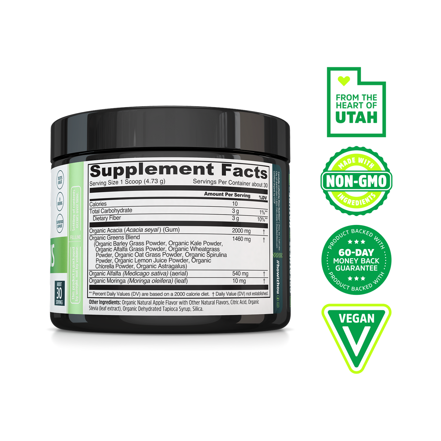Daily Greens by Zhou Nutrition in a black container, with nutrition facts and Utah-made, superfood, and vegan icons.