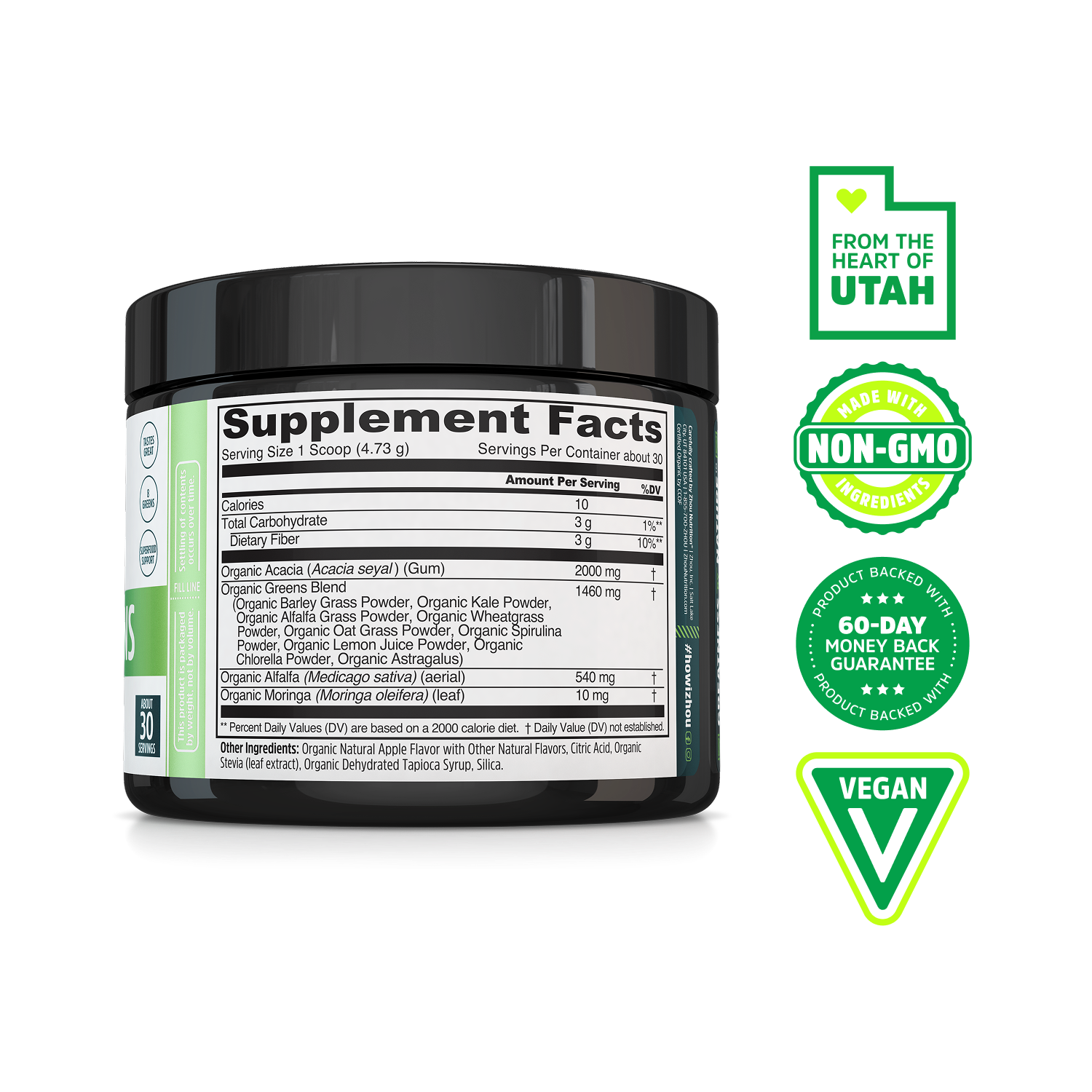 Daily Greens by Zhou Nutrition in a black container, with nutrition facts and Utah-made, superfood, and vegan icons.