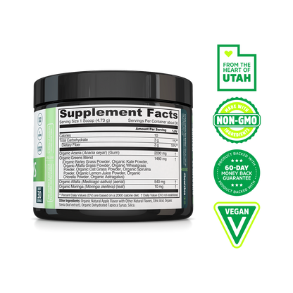 Daily Greens by Zhou Nutrition in a black container, with nutrition facts and Utah-made, superfood, and vegan icons.