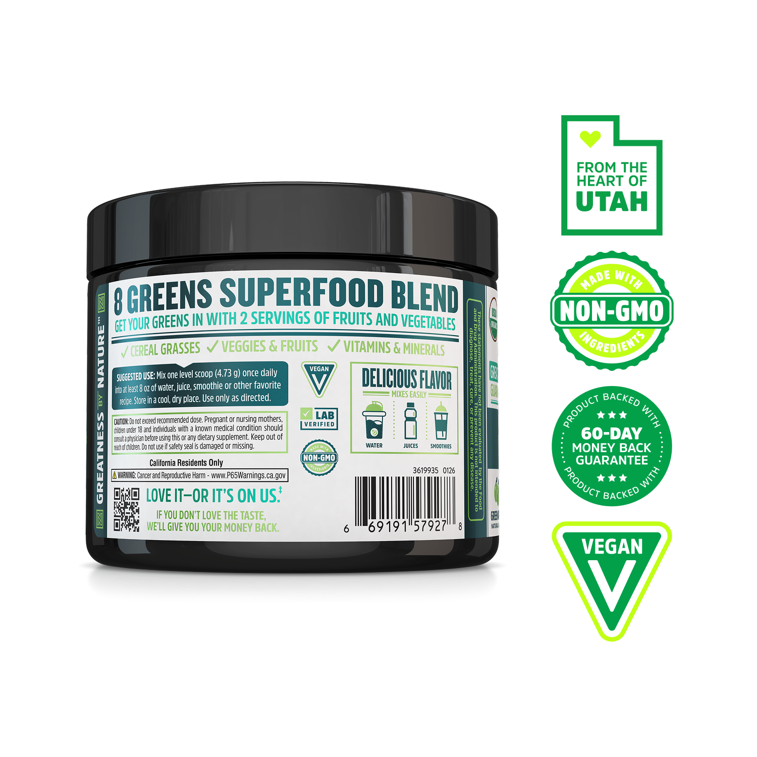 A tub of Zhou Nutrition Daily Greens, a non-GMO, vegan powder with a 60-day guarantee, made in Utah.