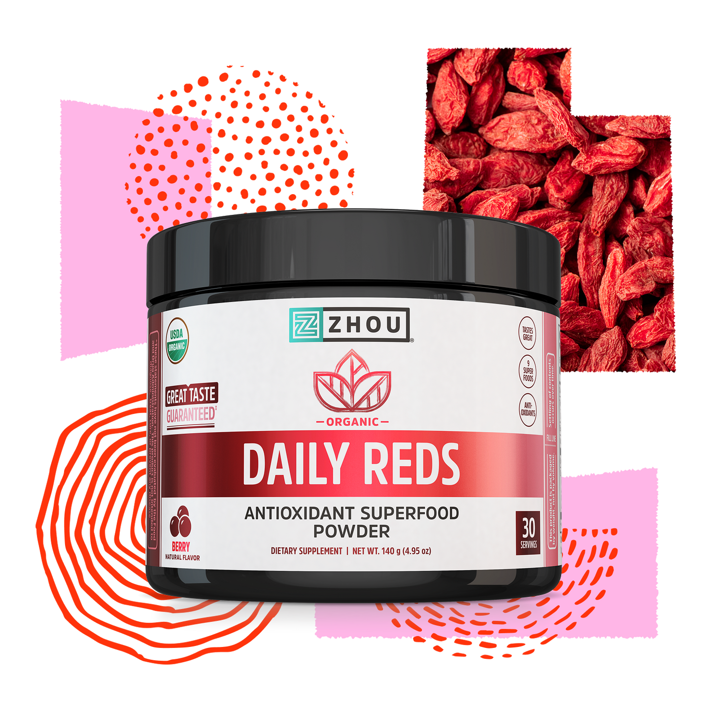 A container of Zhou Nutrition Daily Reds supplement with berry graphics and abstract red patterns in the background.