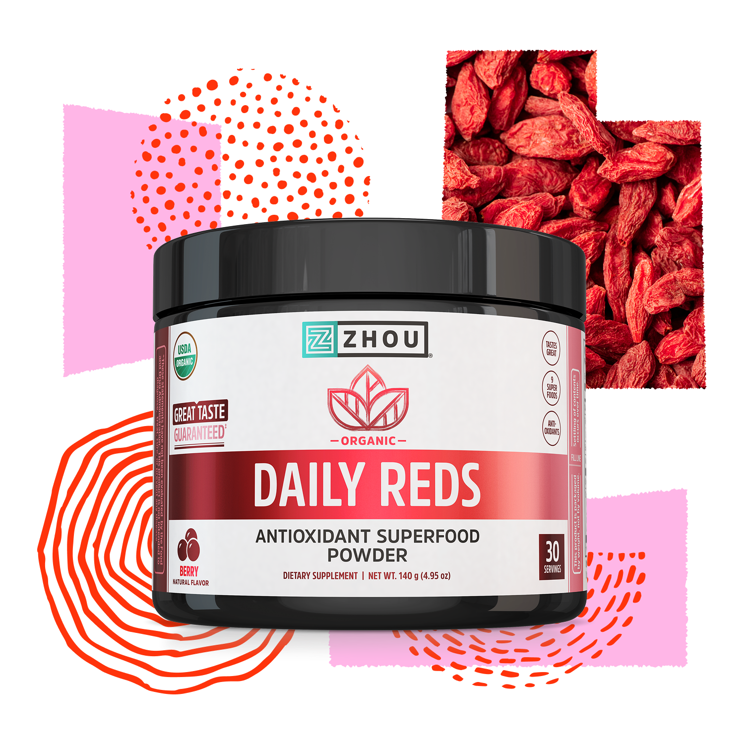 A container of Zhou Nutrition Daily Reds supplement with berry graphics and abstract red patterns in the background.