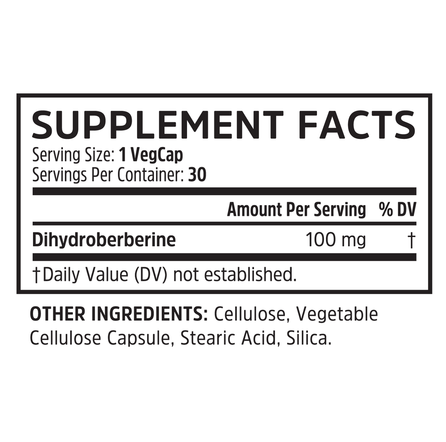 Supplement Facts for Zhou Nutrition Dihydroberberine, 100 mg berberine per VegCap to support daily wellness; details below.