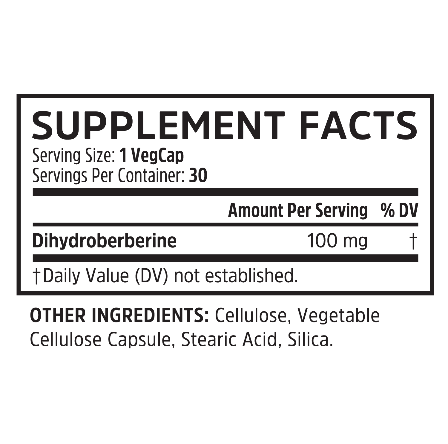 Supplement Facts for Zhou Nutrition Dihydroberberine, 100 mg berberine per VegCap to support daily wellness; details below.