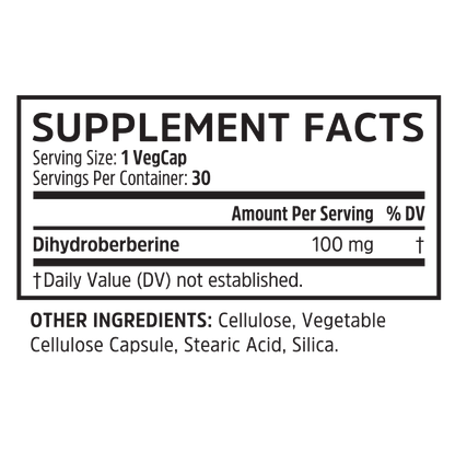 Supplement Facts for Zhou Nutrition Dihydroberberine, 100 mg berberine per VegCap to support daily wellness; details below.