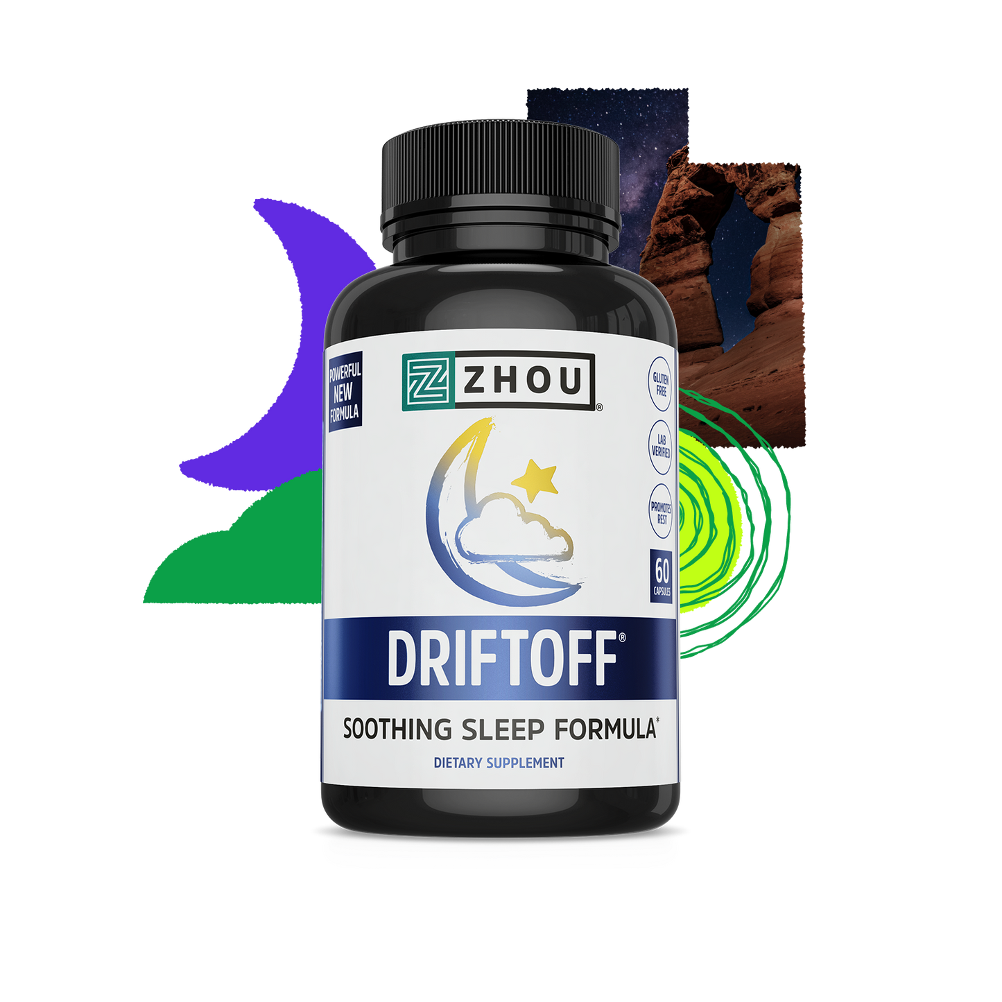 A bottle of Zhou Nutrition Driftoff with abstract night-themed graphics in the background.