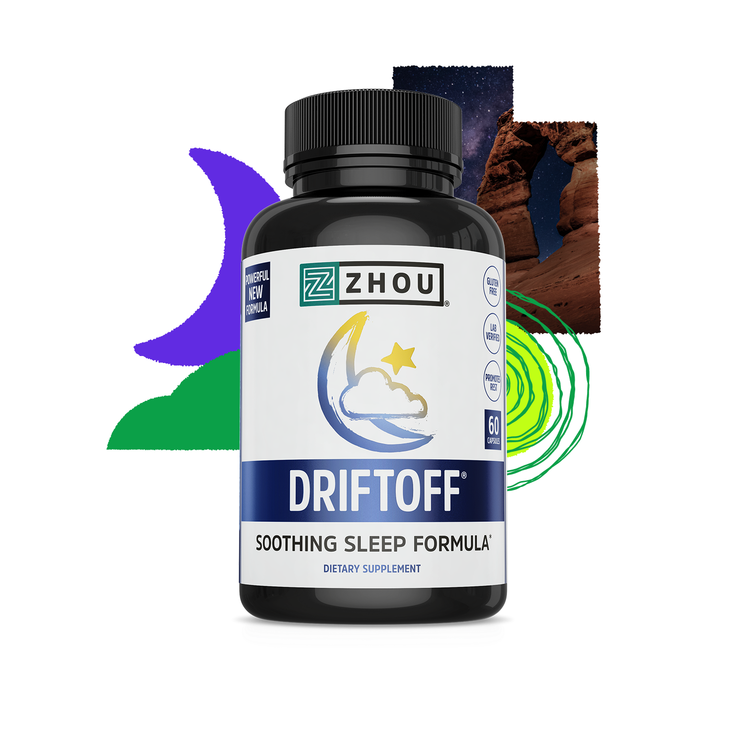 A bottle of Zhou Nutrition Driftoff with abstract night-themed graphics in the background.