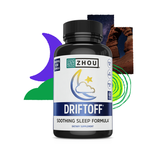 A bottle of Zhou Nutrition Driftoff with abstract night-themed graphics in the background.
