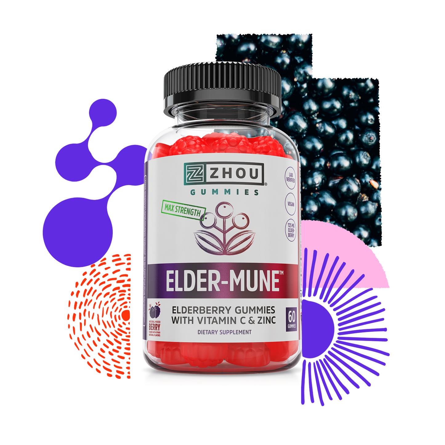 A bottle of Zhou Nutrition Elder-Mune Elderberry Gummies with immune support, styled on abstract purple and orange shapes.