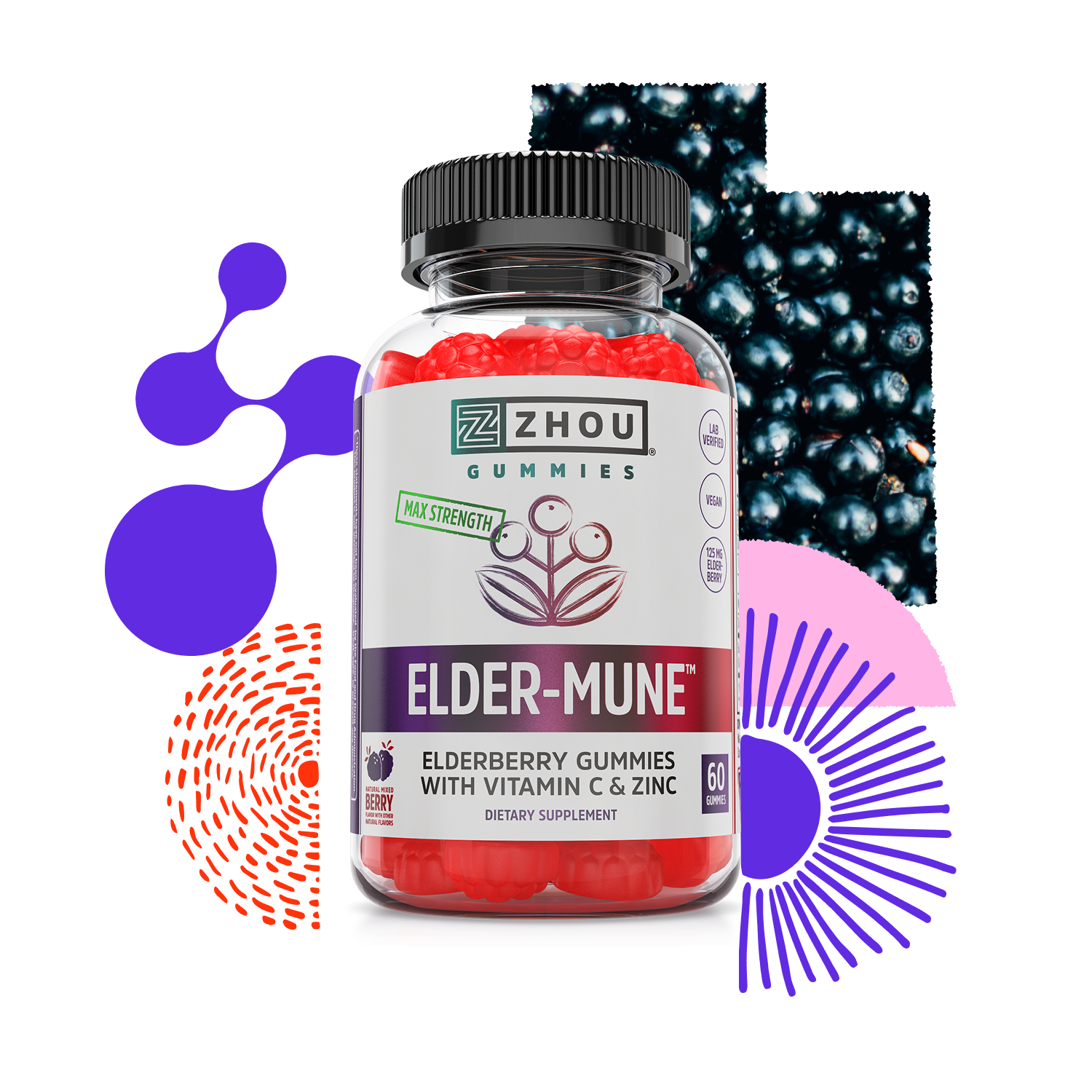A bottle of Zhou Nutrition Elder-Mune Elderberry Gummies with immune support, styled on abstract purple and orange shapes.