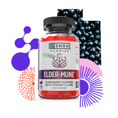 A bottle of Zhou Nutrition Elder-Mune Elderberry Gummies with immune support, styled on abstract purple and orange shapes.