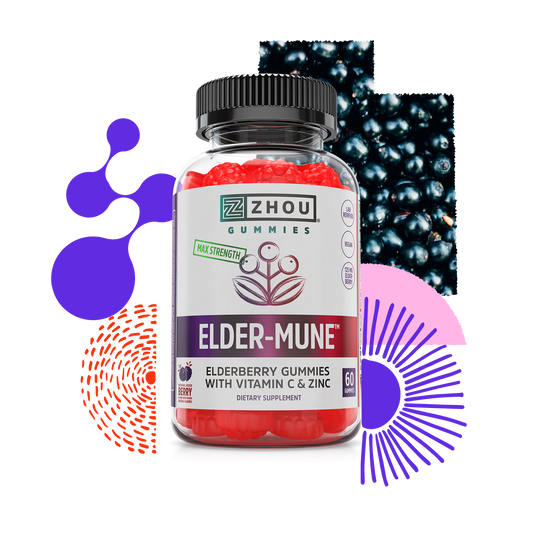 A bottle of Zhou Nutrition Elder-Mune Elderberry Gummies with immune support, styled on abstract purple and orange shapes.