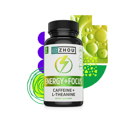 A bottle of Zhou Nutrition Energy + Focus with caffeine and L-theanine shown on abstract green and yellow graphics.