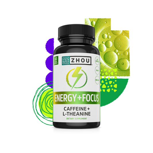 A bottle of Zhou Nutrition Energy + Focus with caffeine and L-theanine shown on abstract green and yellow graphics.