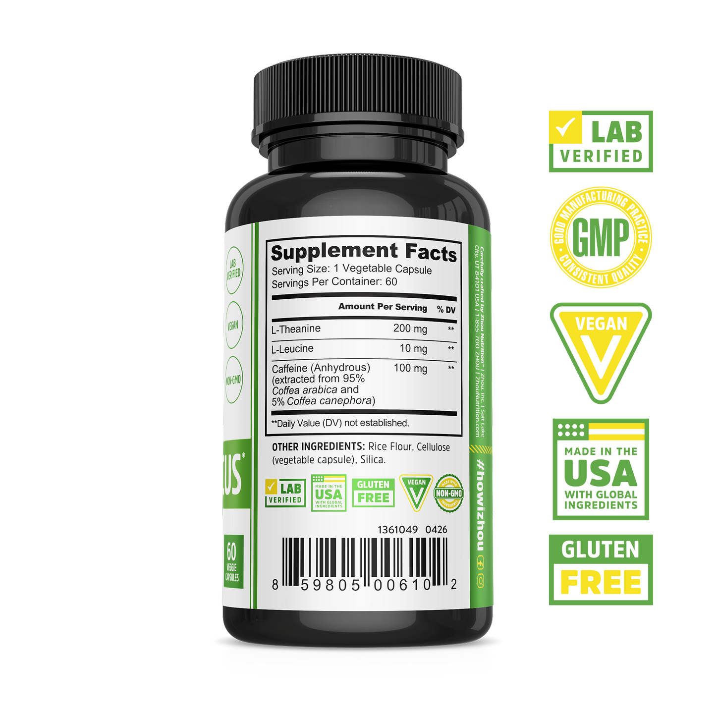 Zhou Nutrition Energy + Focus: black bottle with supplement facts, energy & focus icons, lab verified, vegan, made in USA.