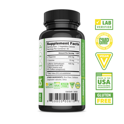 Zhou Nutrition Energy + Focus: black bottle with supplement facts, energy & focus icons, lab verified, vegan, made in USA.