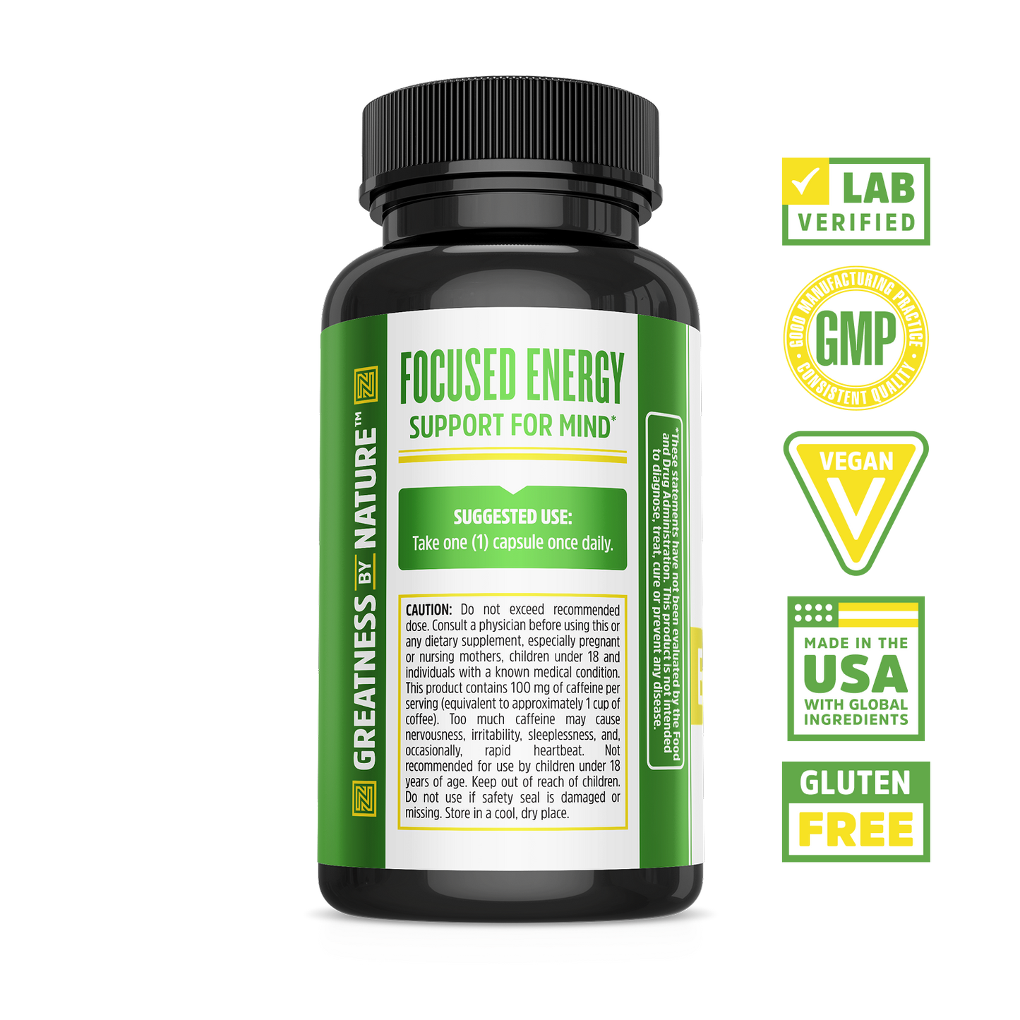 A black Zhou Nutrition Energy + Focus bottle with natural caffeine, lab verified, GMP, vegan, USA made, gluten free.