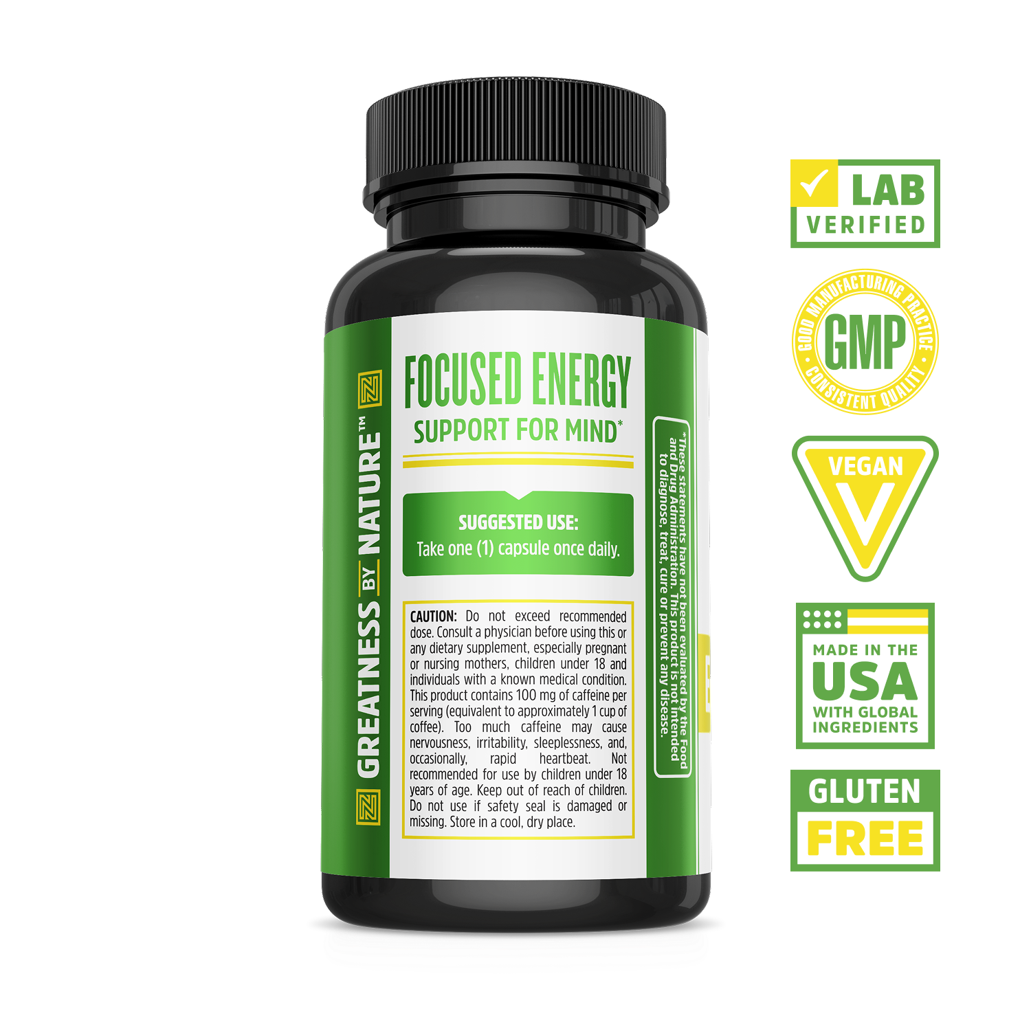 A black Zhou Nutrition Energy + Focus bottle with natural caffeine, lab verified, GMP, vegan, USA made, gluten free.