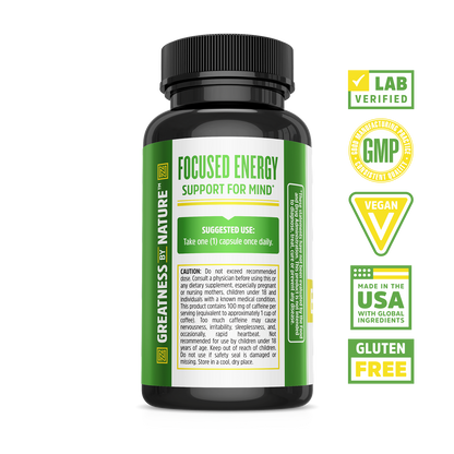 A black Zhou Nutrition Energy + Focus bottle with natural caffeine, lab verified, GMP, vegan, USA made, gluten free.