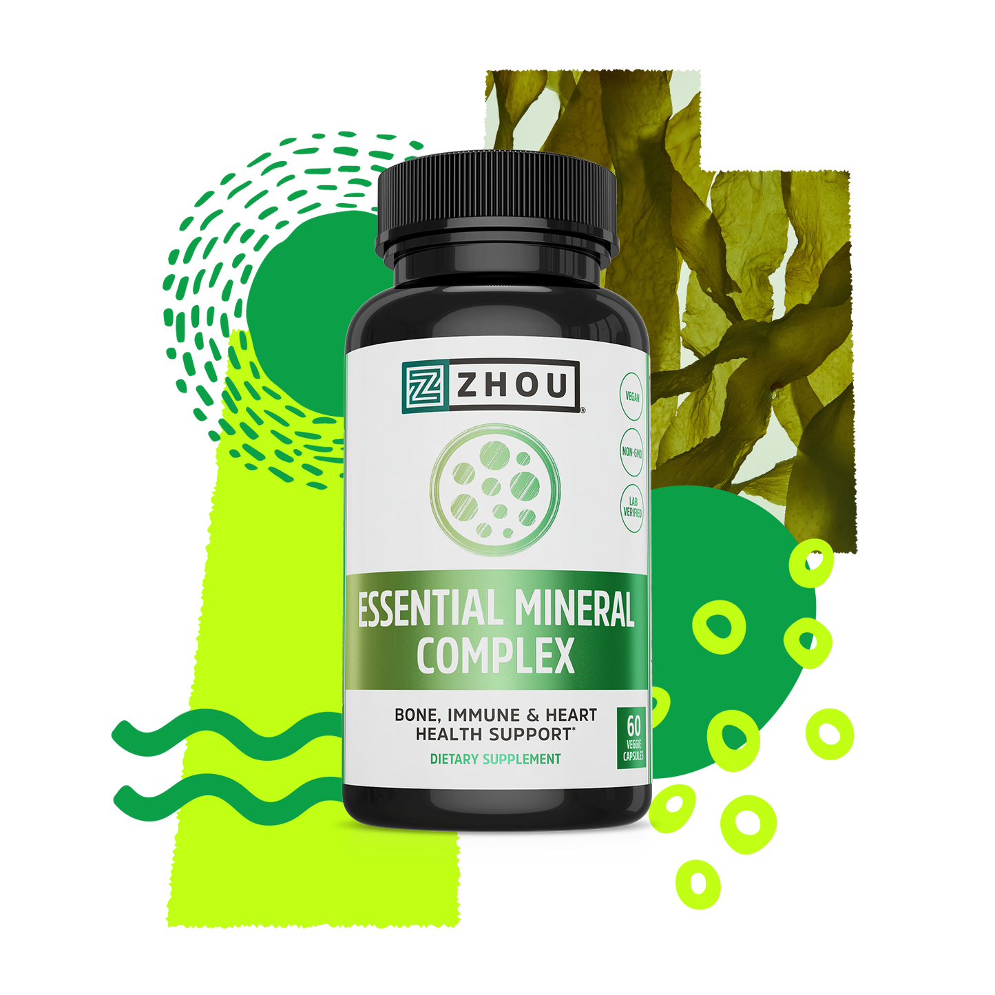 A bottle of Zhou Nutrition Essential Mineral Complex for bone support, with green abstract shapes and seaweed behind.