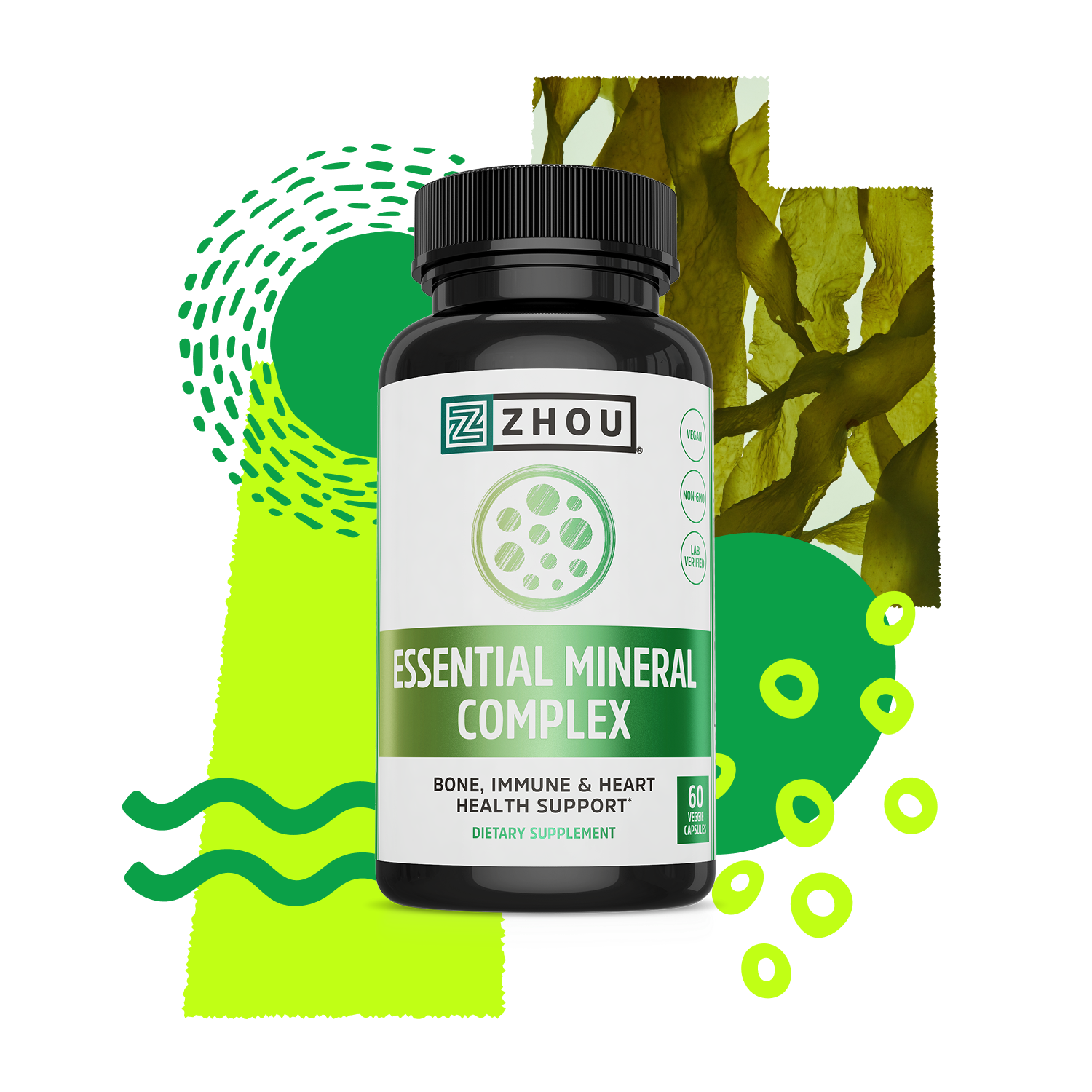 A bottle of Zhou Nutrition Essential Mineral Complex for bone support, with green abstract shapes and seaweed behind.