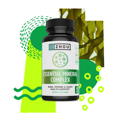 A bottle of Zhou Nutrition Essential Mineral Complex for bone support, with green abstract shapes and seaweed behind.