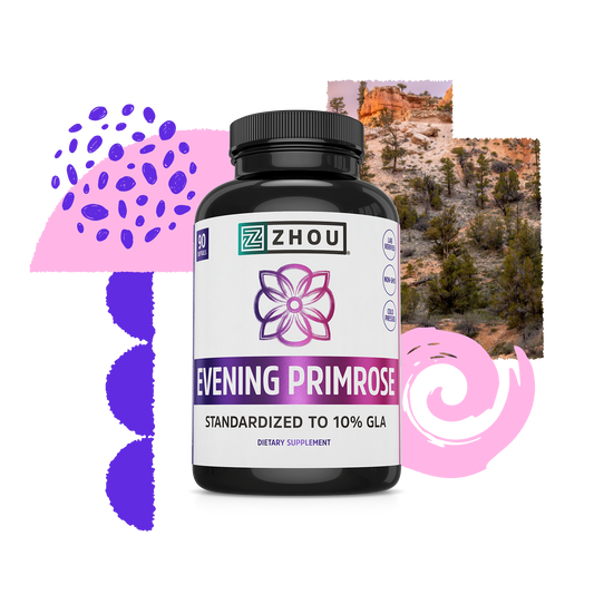 A bottle of Zhou Nutrition Evening Primrose, rich in gamma linolenic acid, with abstract shapes and a desert backdrop.