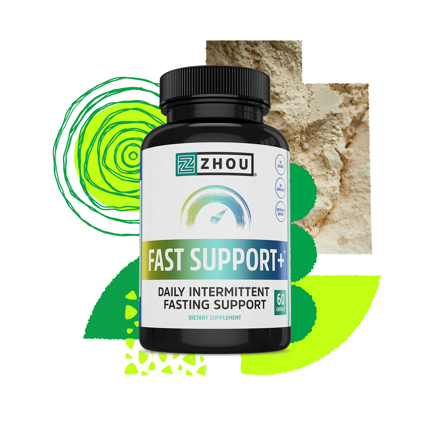 A bottle of Zhou Nutrition Fast Support+ electrolyte supplement with abstract green and tan designs in the background.
