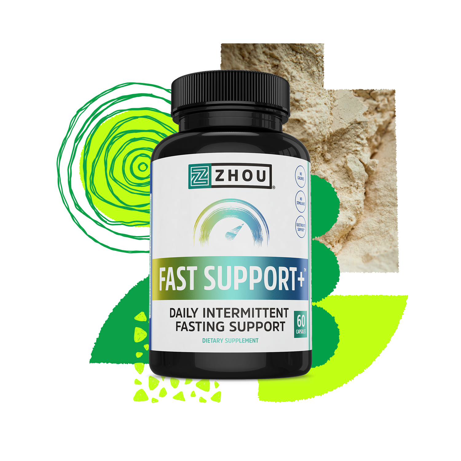 A bottle of Zhou Nutrition Fast Support+ electrolyte supplement with abstract green and tan designs in the background.