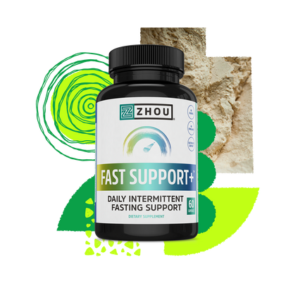 A bottle of Zhou Nutrition Fast Support+ electrolyte supplement with abstract green and tan designs in the background.