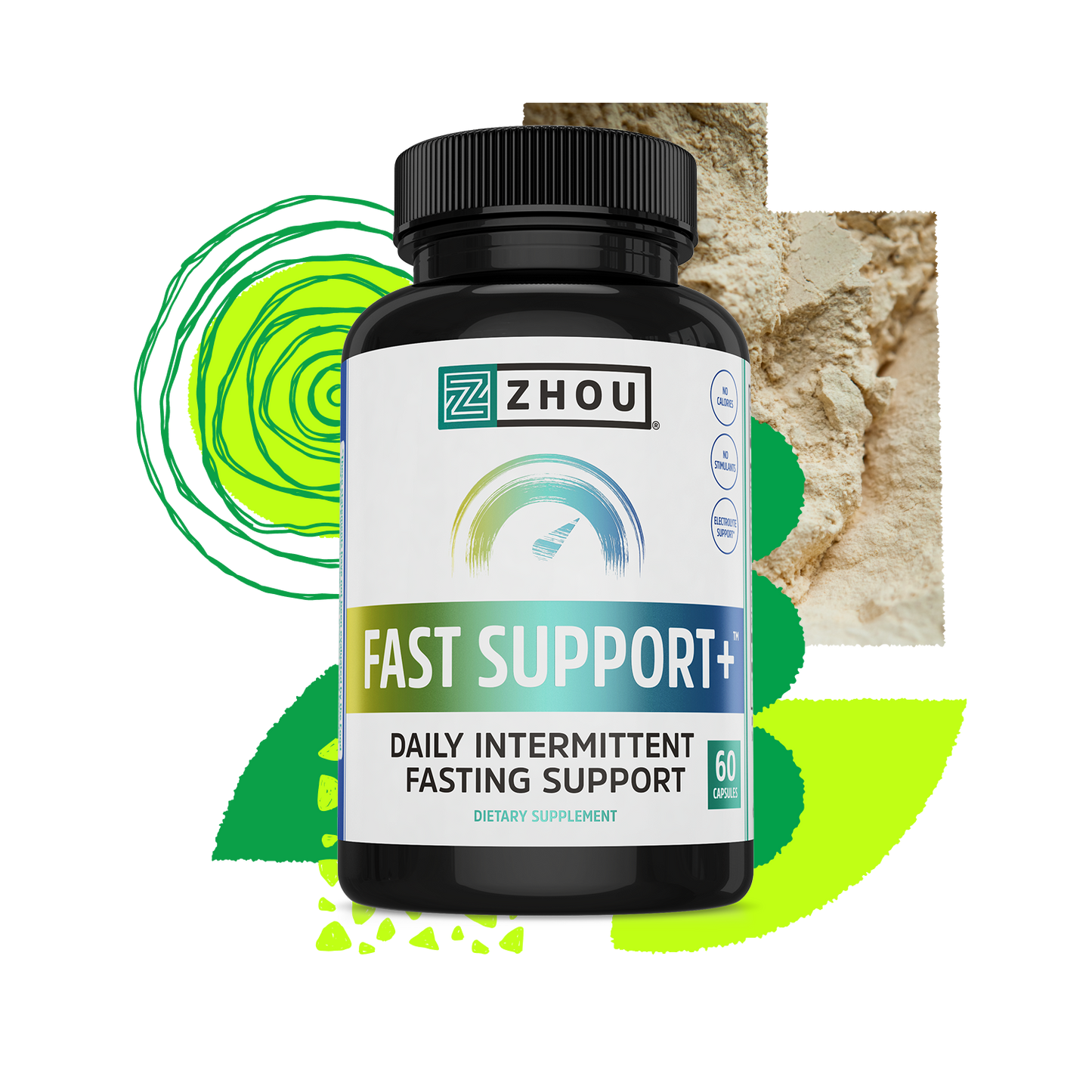 A bottle of Zhou Nutrition Fast Support+ supplement for daily intermittent fasting support, 60 capsules.