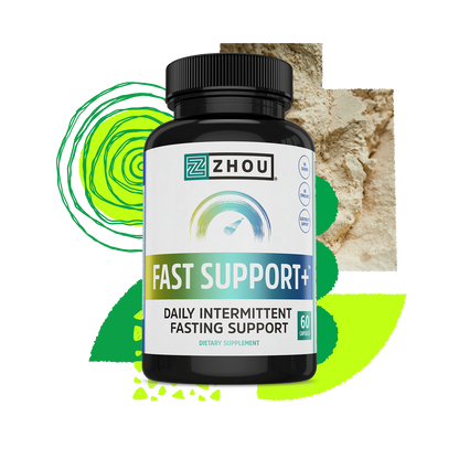 A bottle of Zhou Nutrition Fast Support+ supplement for daily intermittent fasting support, 60 capsules.