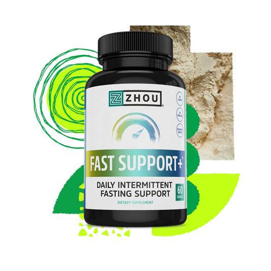 A bottle of Zhou Nutrition Fast Support+ supplement for daily intermittent fasting support, 60 capsules.