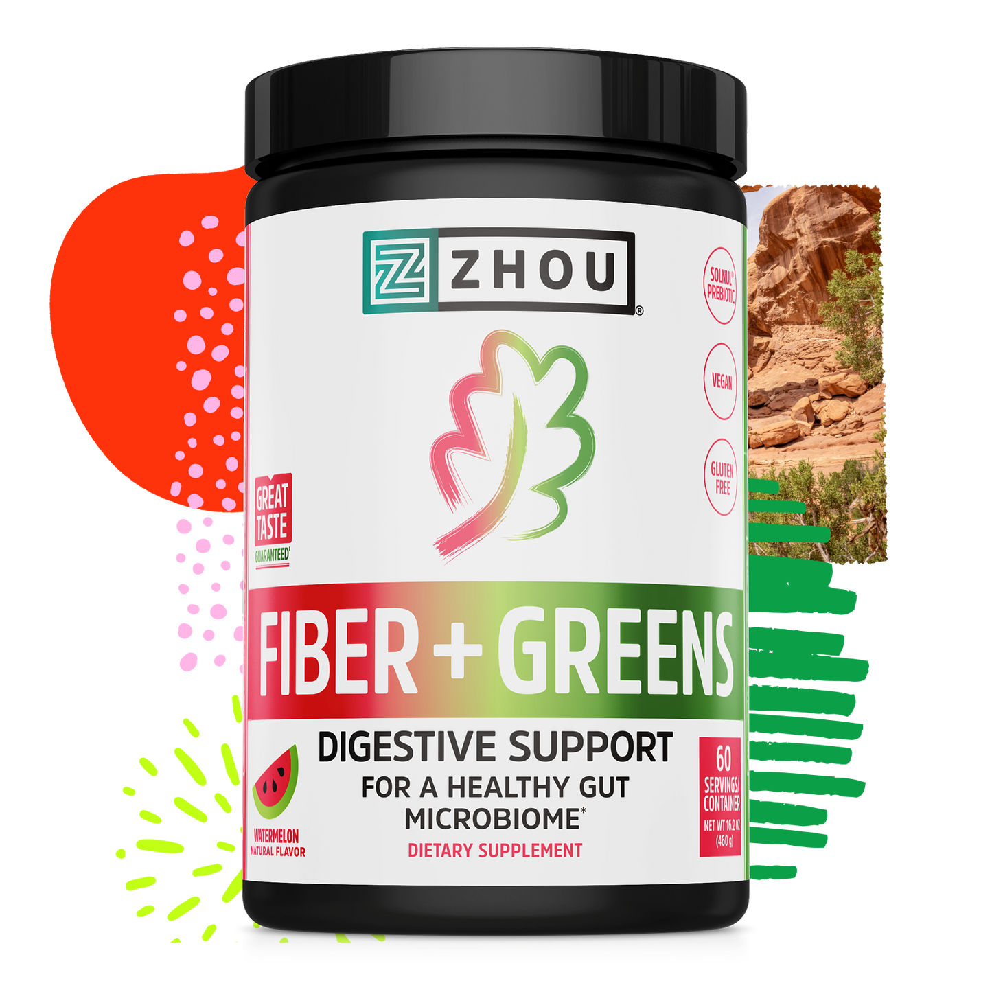 Zhou Nutrition Fiber + Greens, watermelon flavor, shown with abstract shapes for vibrant digestive health support.