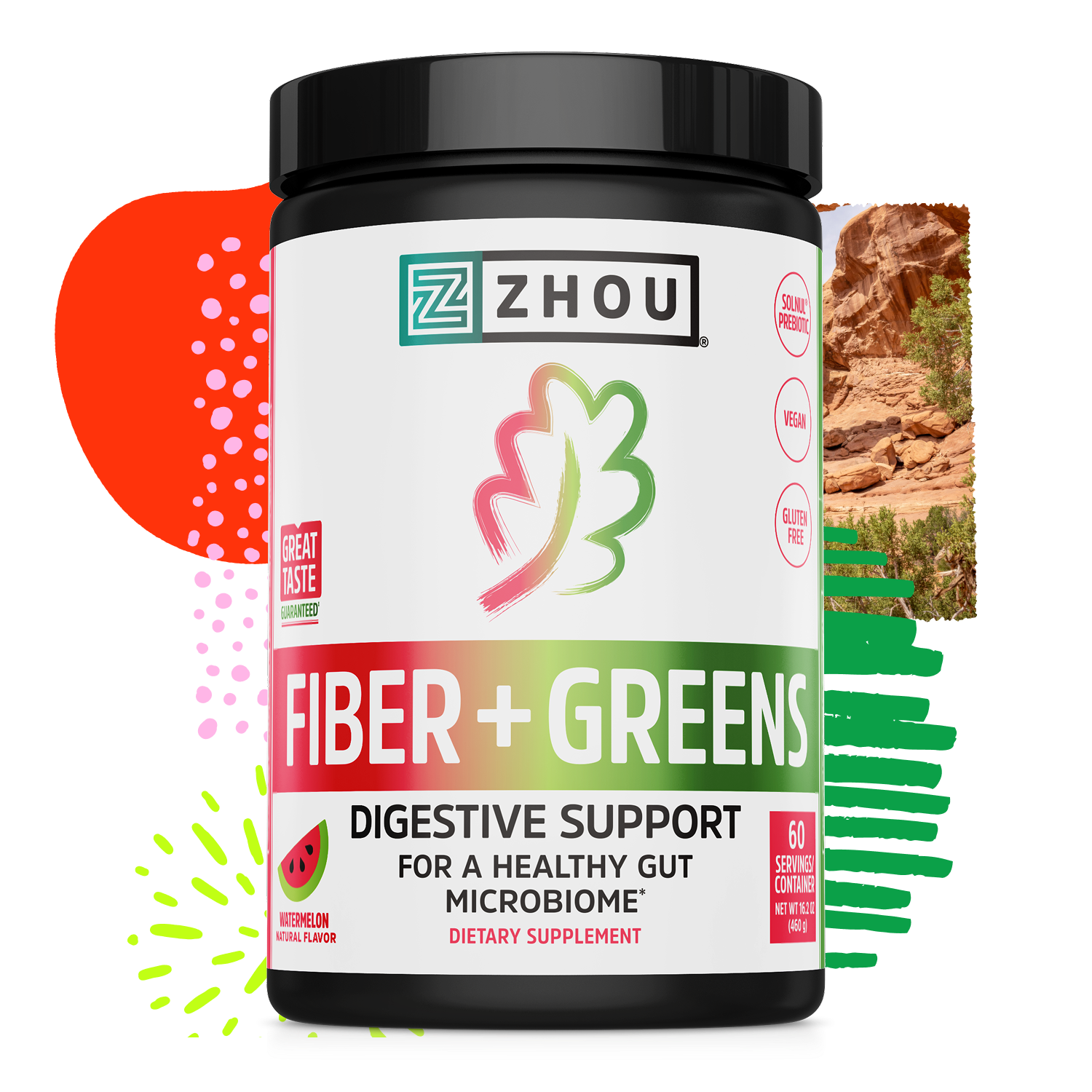 Zhou Nutrition Fiber + Greens, watermelon flavor, shown with abstract shapes for vibrant digestive health support.