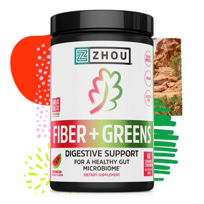 Zhou Nutrition Fiber + Greens, watermelon flavor, shown with abstract shapes for vibrant digestive health support.