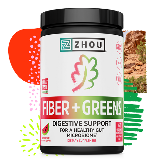 Zhou Nutrition Fiber + Greens, watermelon flavor, shown with abstract shapes for vibrant digestive health support.