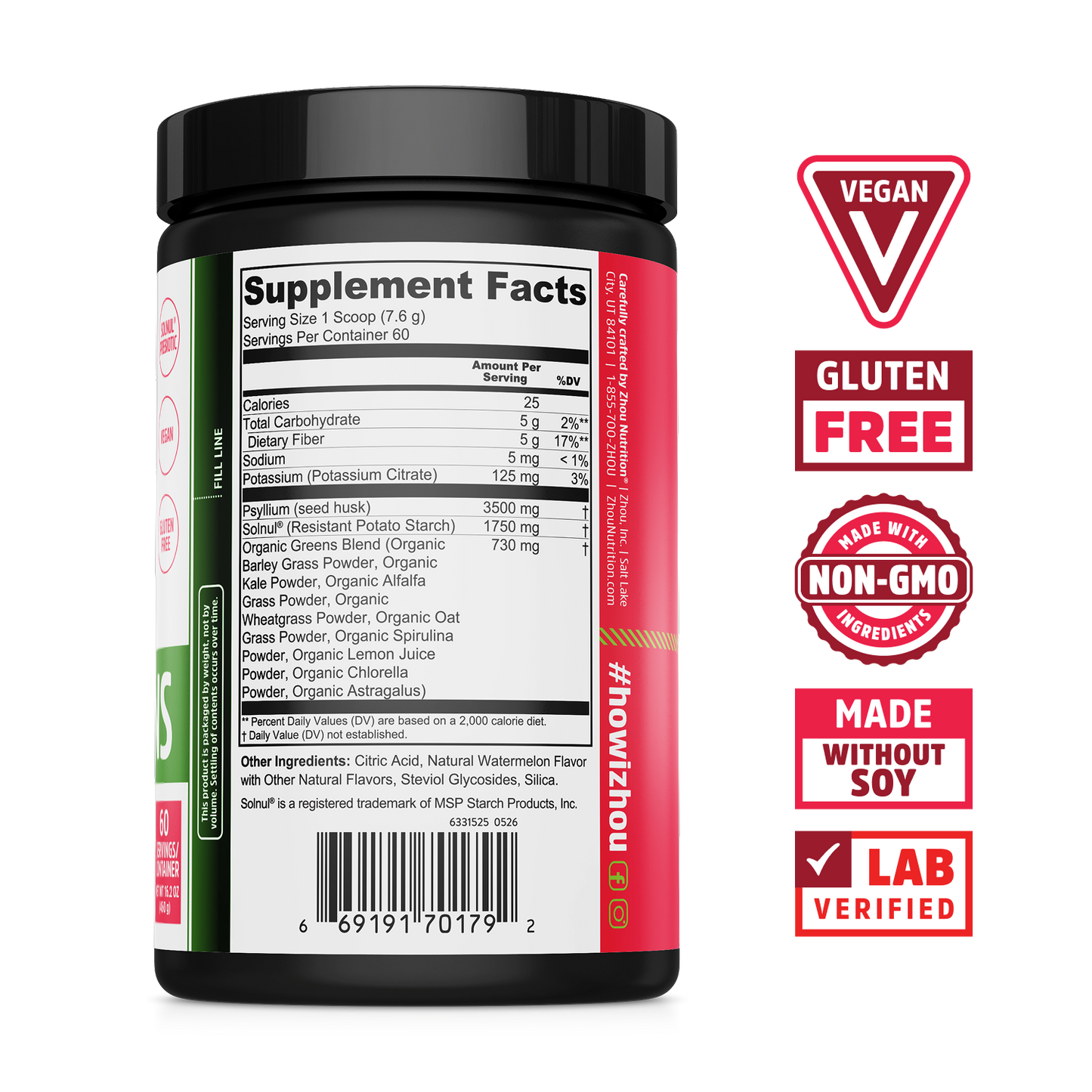 Zhou Nutrition Fiber + Greens supplement facts label on black jar with vegan, gluten-free, and digestive health icons.